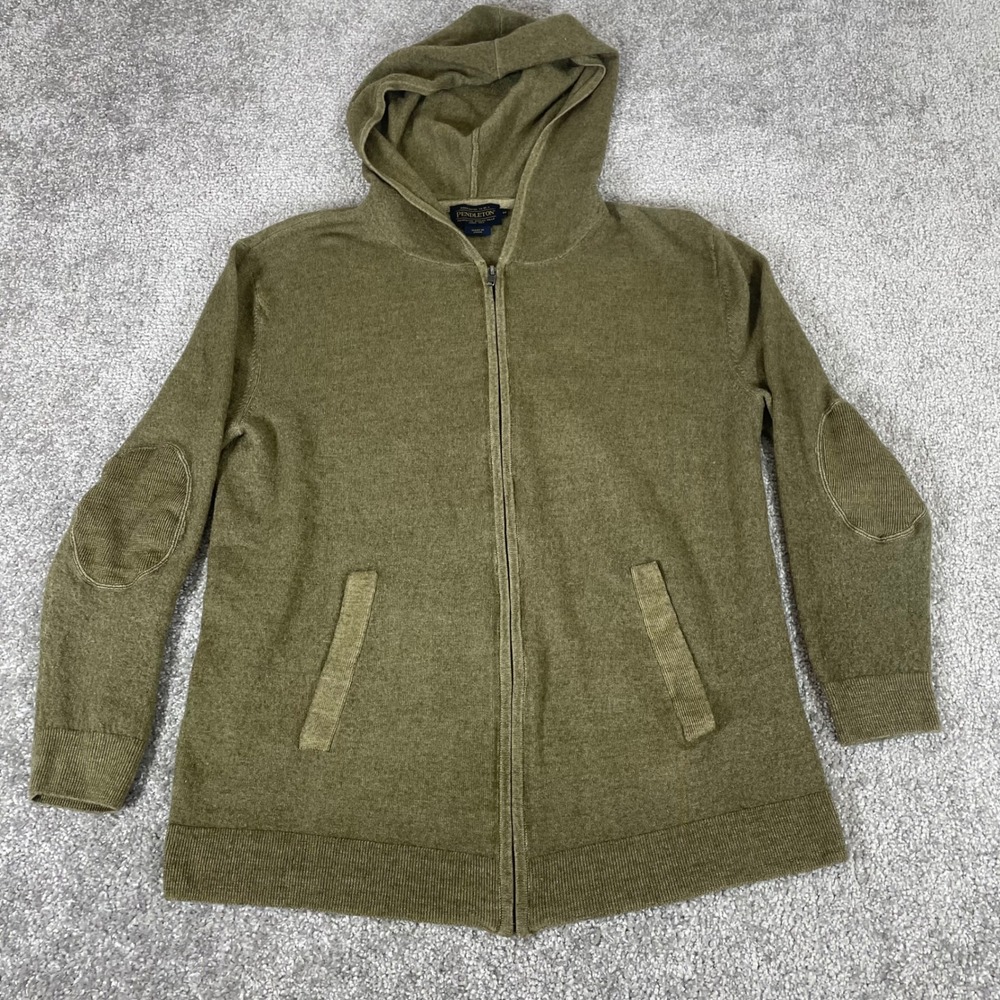 Pendleton Hooded Sweater Mens Medium Full Zip Elbow Patches Olive Green